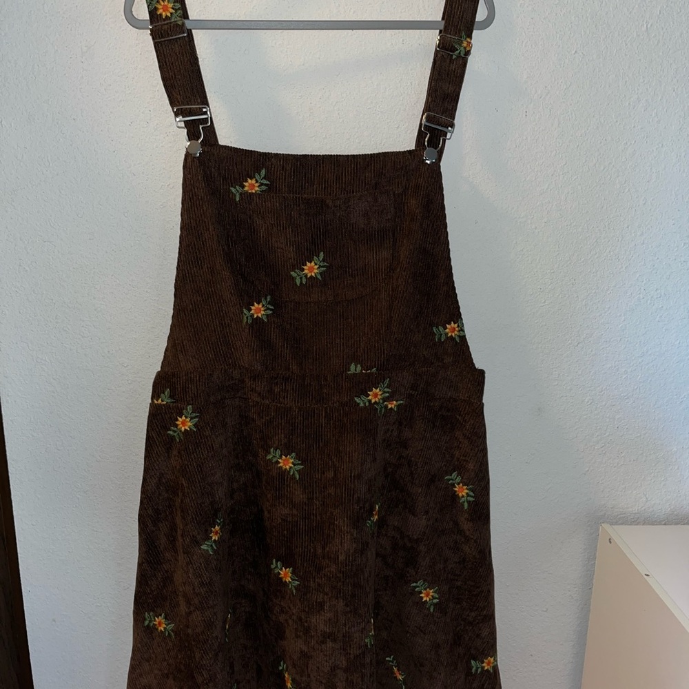 Brown Corduroy Floral Overall Dress